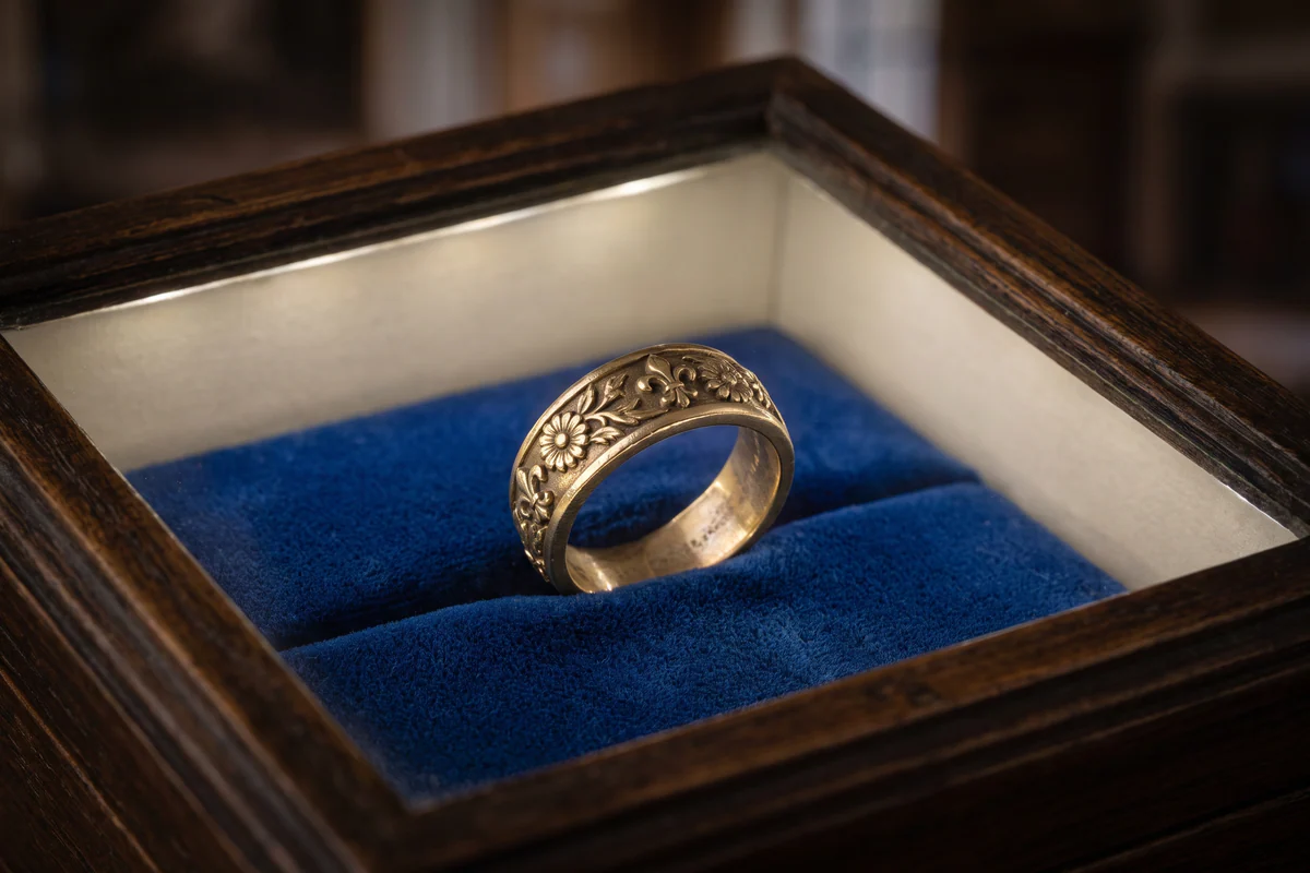 Alter ziselierter Ring mit einem Kranz aus Lilien und Margeriten auf nachtblauem Samt