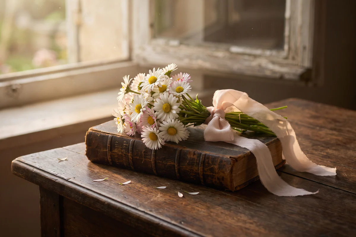 Strauß aus Margeriten und Gänseblümchen mit einer Schleife, auf einem alten geschlossenen Buch