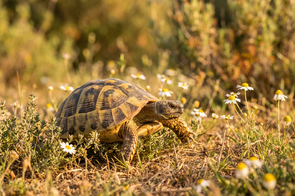 Une tortue avançant dans l’herbe sèche parmi des fleurs blanches, tête sortie, dans la lumière dorée du soir