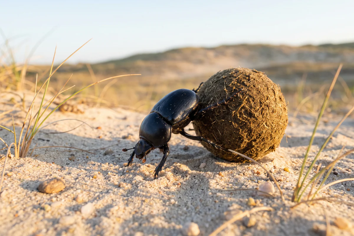 Bousier noir poussant une boule ronde sur le sable, de jour