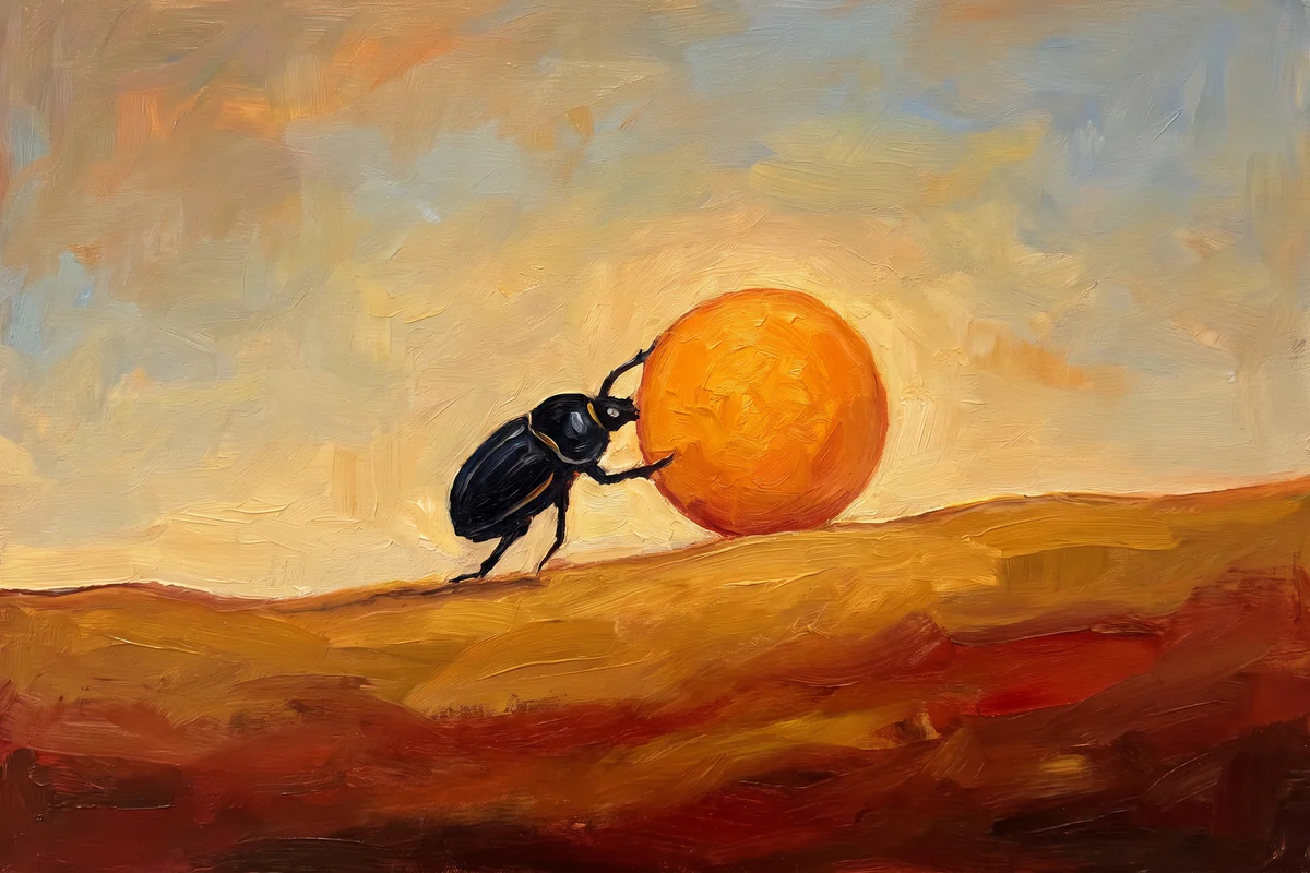 Peinture originale : un scarabée pousse un disque solaire au-dessus de l'horizon