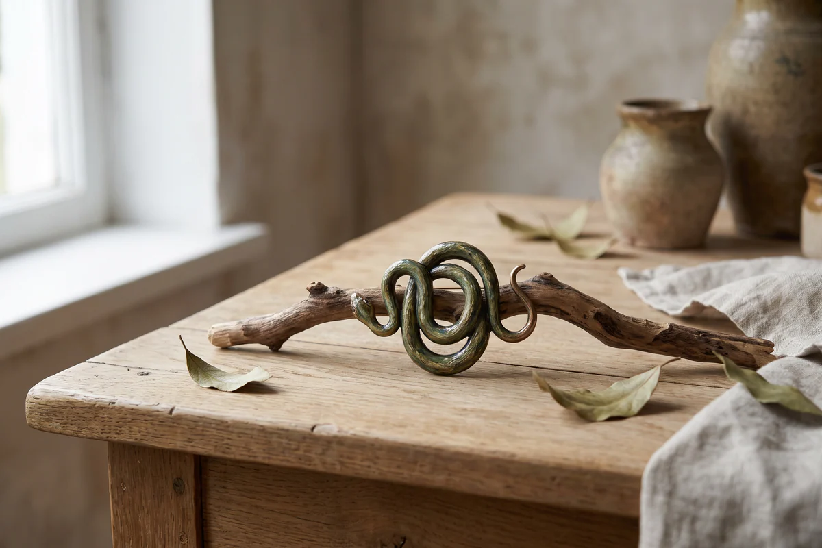 Serpent vert enroulé autour d'une branche de bois, posé sur une table de bois clair