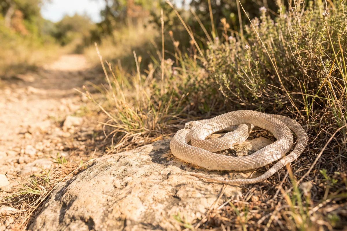 Serpent clair enroulé sur une pierre, au bord d'un sentier de terre, de jour