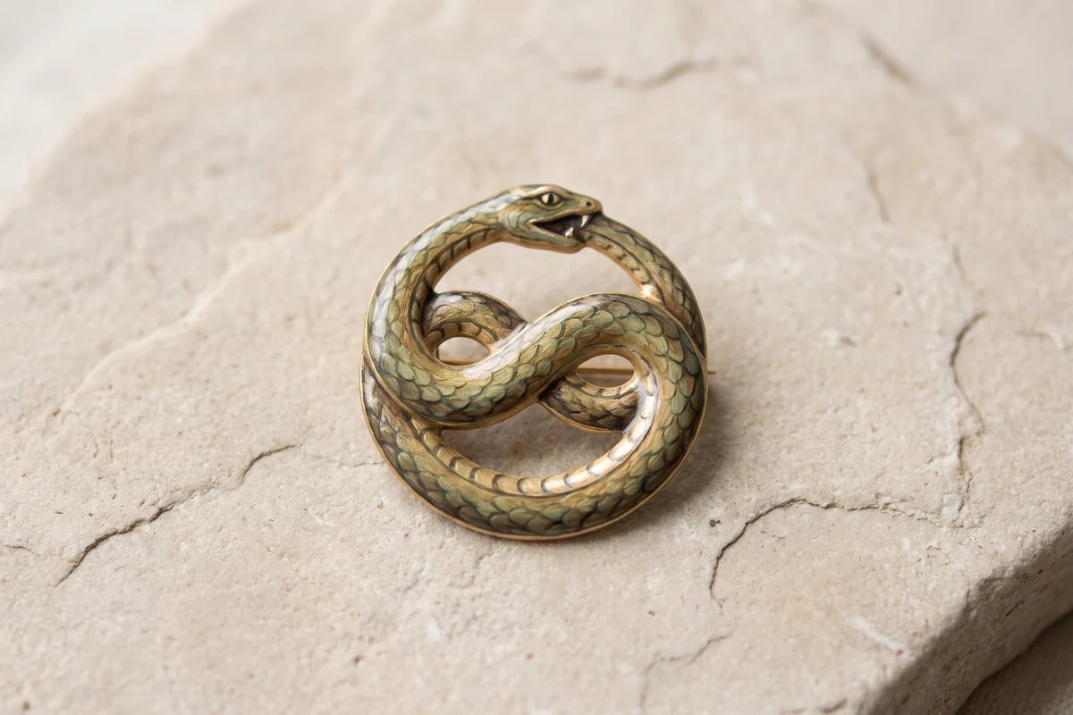Bijou en forme de serpent qui se mord la queue, écailles vertes, posé sur une pierre claire