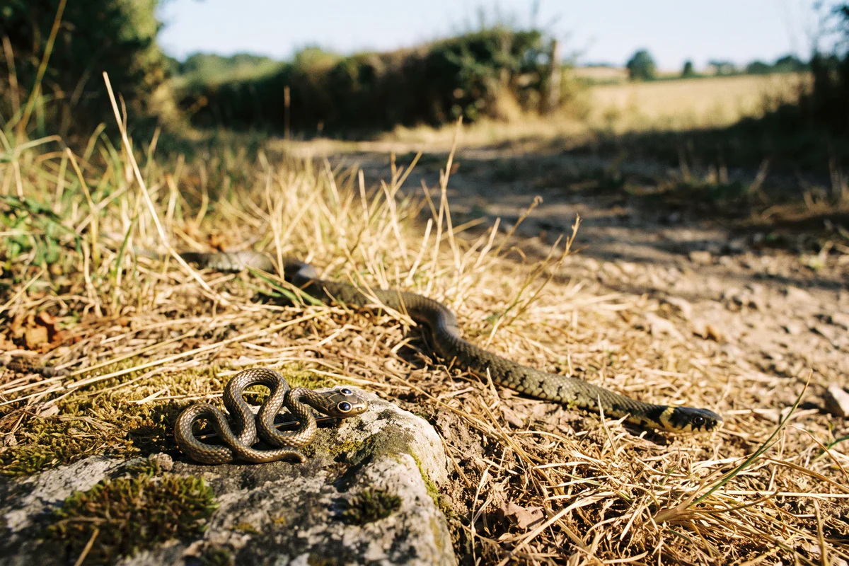Deux serpents au bord d'un chemin de terre : un petit enroulé sur une pierre, un plus grand allongé dans l'herbe sèche