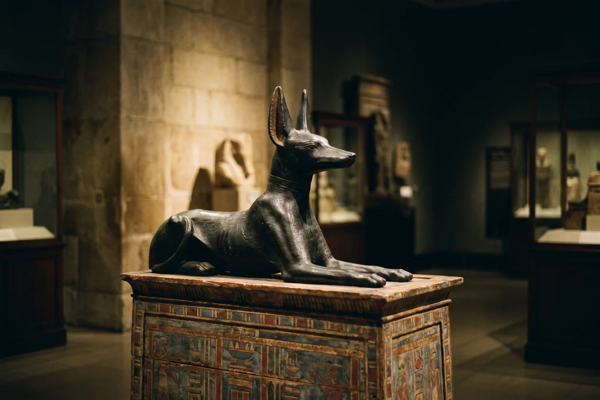 Statuette im ägyptischen Stil: ein großer schwarzer Kanide liegt mit aufgestellten Ohren auf einer bemalten Truhe in einem Museumssaal