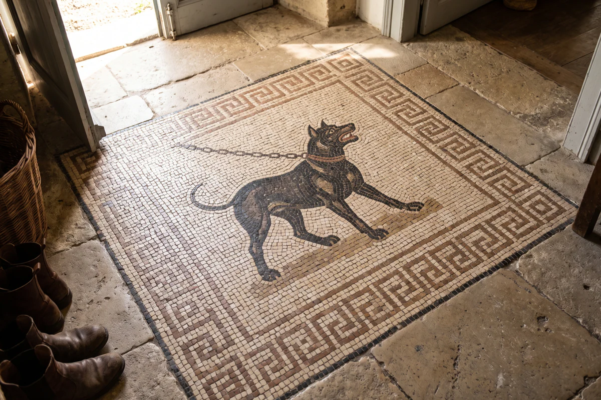 Bodenmosaik im römischen Stil in einem Eingang: ein drohender schwarzer Hund an einer Kette, eingefasst von einer Mäanderbordüre