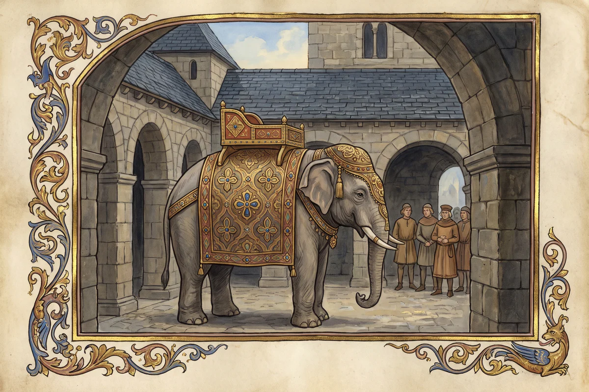 Éléphant dans une cour de palais médiéval, peinture de style enluminure