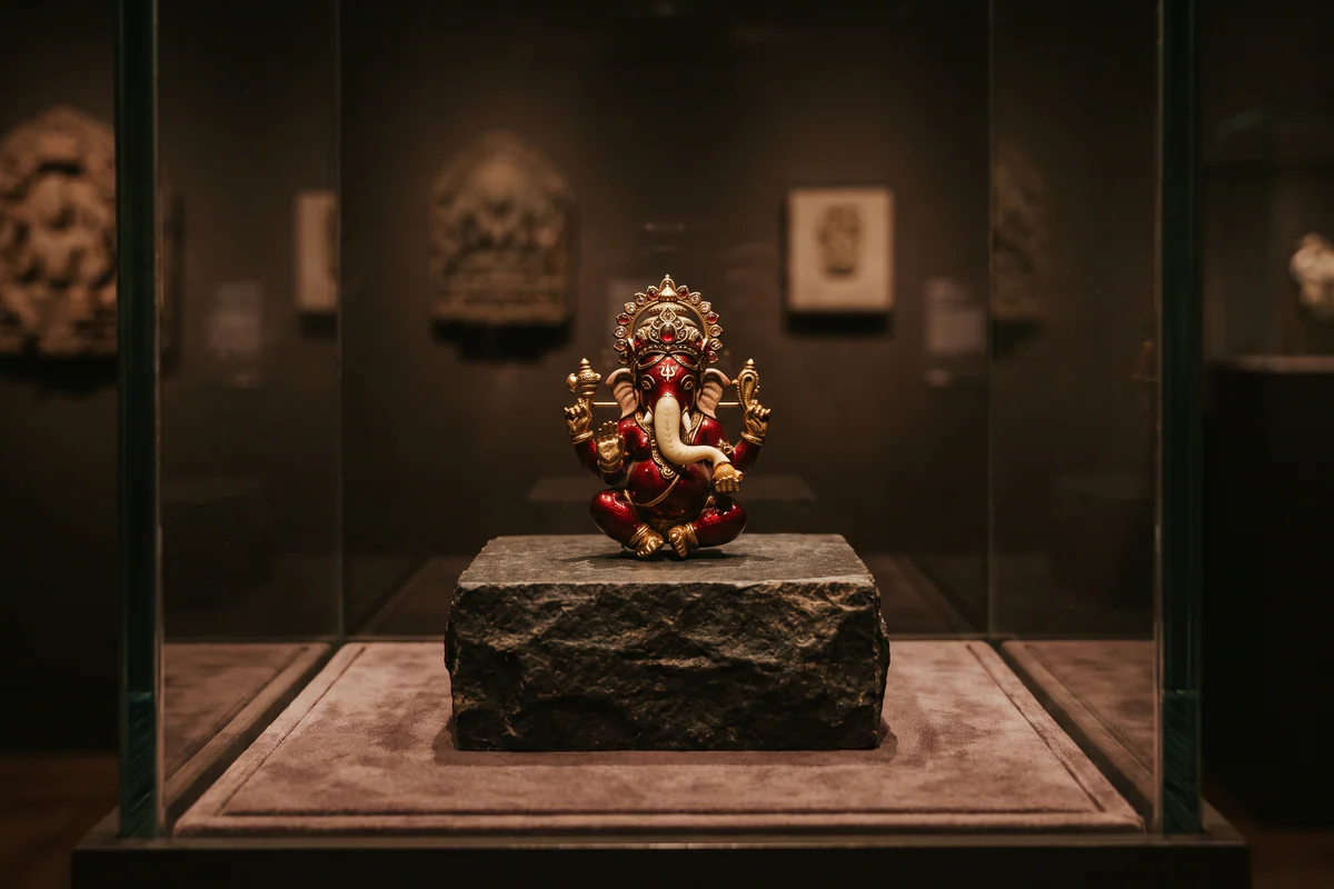 Statuette de style indien d'un enfant à tête d'éléphant, corps rouge et quatre bras
