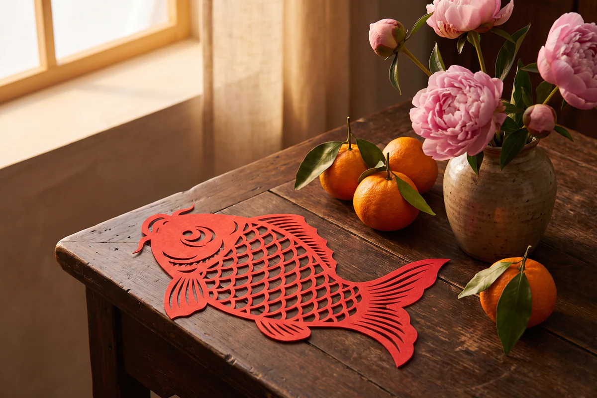 Roter Fisch aus ausgeschnittenem Papier neben Mandarinen und Pfingstrosen, Dekoration zum chinesischen Neujahr