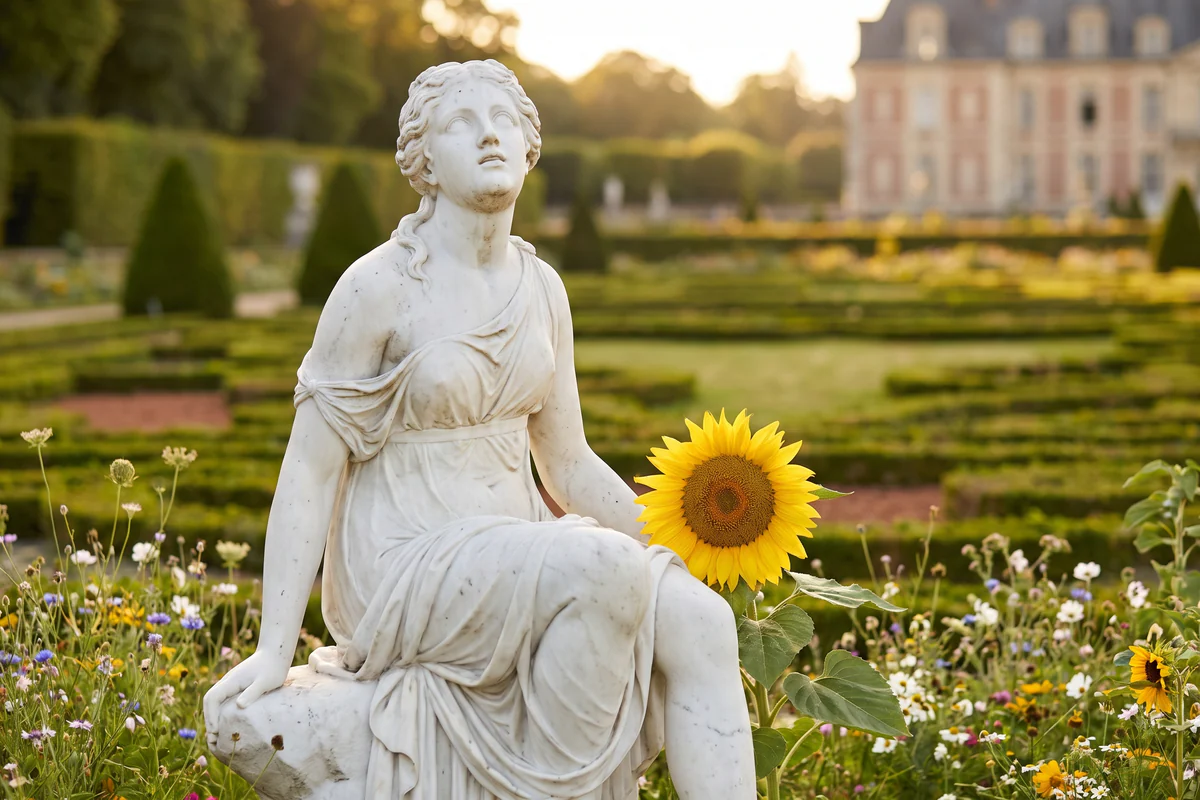 Marmorstatue einer sitzenden Nymphe, das Gesicht zur Sonne erhoben, neben einer großen Sonnenblume