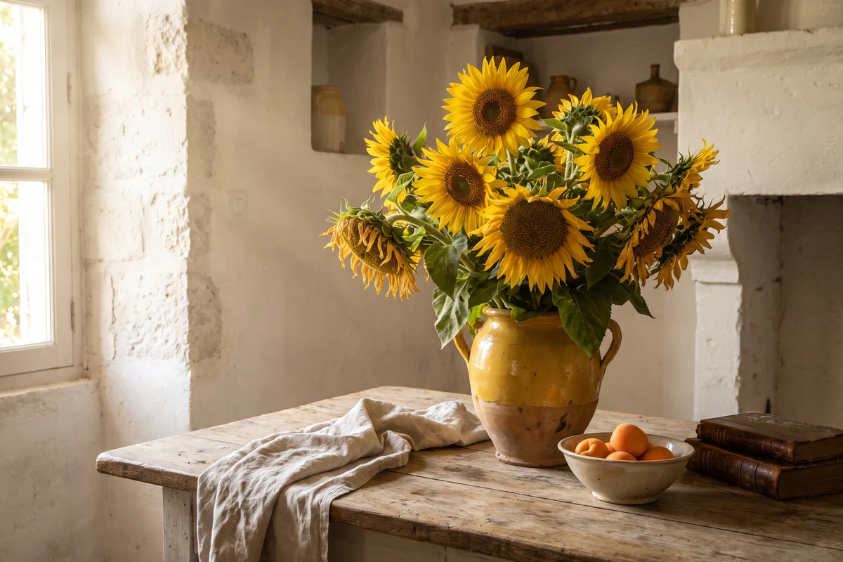 Strauß großer Sonnenblumen in einer Terrakottavase auf einem Holztisch in einem provenzalischen Zimmer